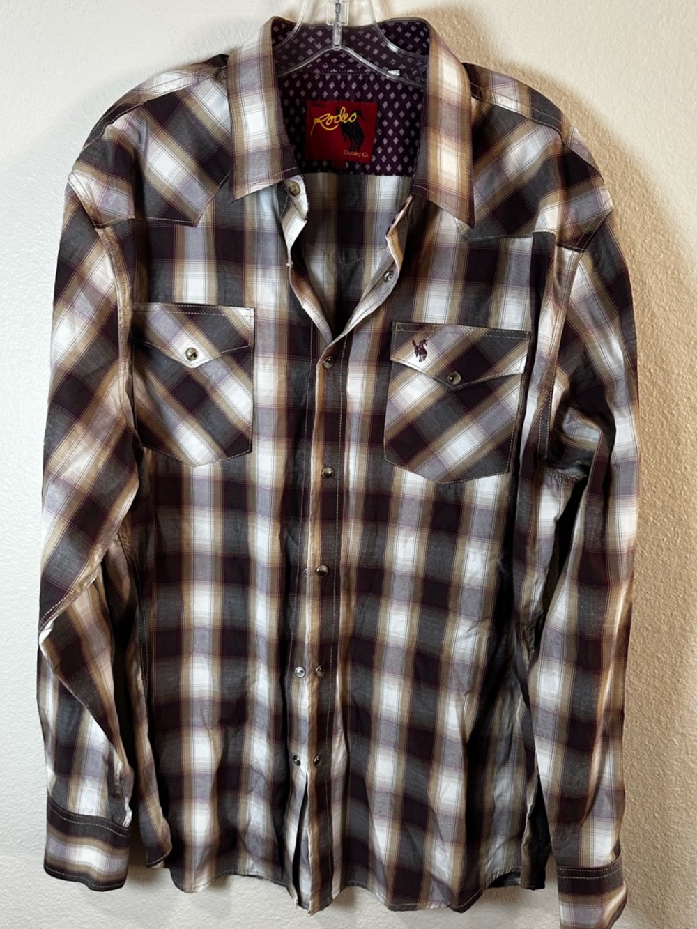 Rodeo men’s pearl snap brown paid‎ western shirt size 2XL